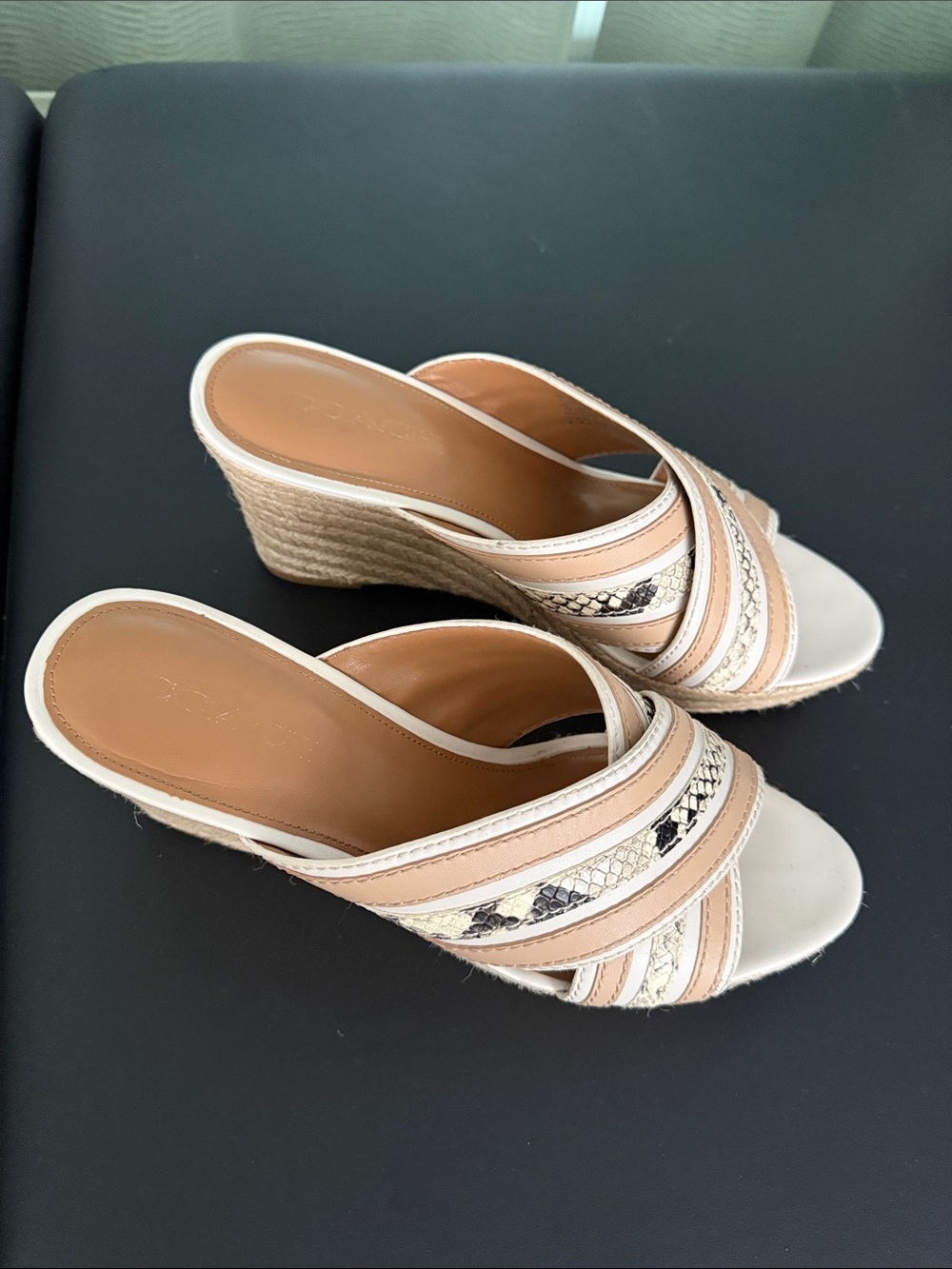 Coach Neutral Beige and Cream Espadrille Wedge Slides